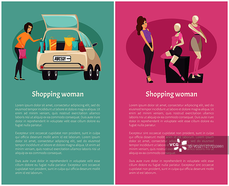购物女人们，购物中心时尚服装精品店矢量图。女士看着人体模型，展示柜上的服装。带着从商店购买的物品的女孩正在整理汽车。购物女人们，购物中心服装精品店矢量图图片素材