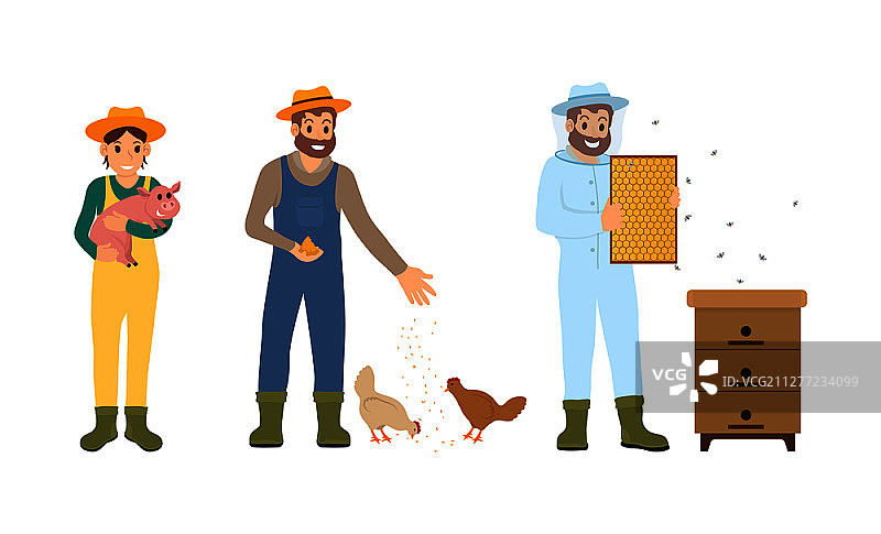 养蜂人养殖人物设定矢量图。家畜饲养和喂鸡。男女抱着小猪，穿着制服的男养蜂人。养蜂人养殖人物设定矢量图图片素材