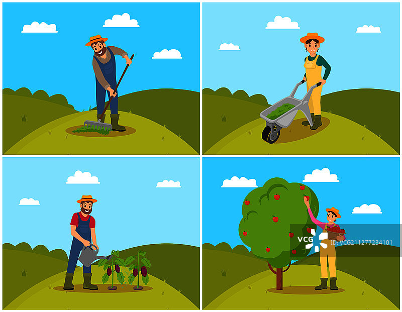 农民使用堆肥手推车，男子在土壤上耙地。给植物浇水的男人，女人从树上采摘水果矢量插图图片素材