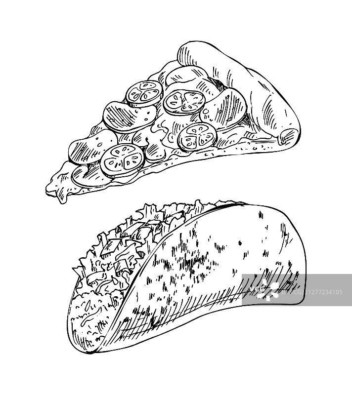 美味的奶酪披萨和肉类蔬菜馅墨西哥卷饼快餐单色插图图片素材