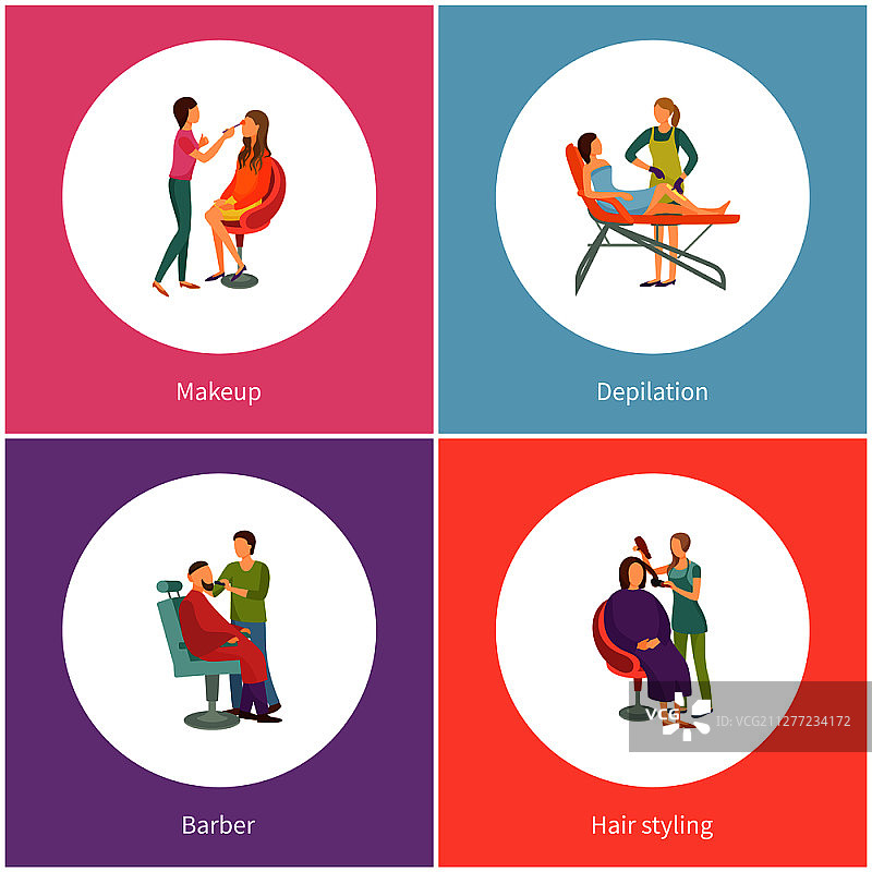 理发店和化妆，蜜蜡脱毛和发型设计，现代舒适的家具。美容院和美发卡通banner矢量徽章。理发店，化妆，蜜蜡脱毛，发型设计图片素材