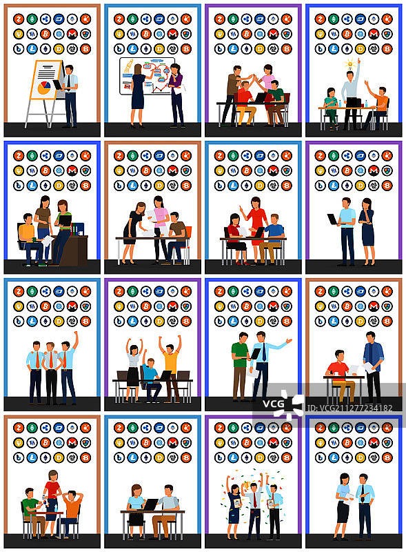 比特币货币与人物，商业金融创业矢量素材。隔离图标集，门罗币和比特股，暗黑币和瑞波币，以太坊和达世币。图片素材