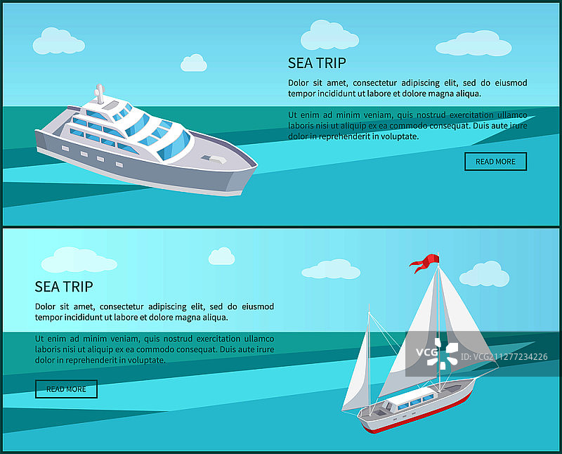 海上旅行网页海报：客轮、航海船只矢量素材。现代游艇深蓝海域航行，汽船巡航，航海工艺，帆船图片素材