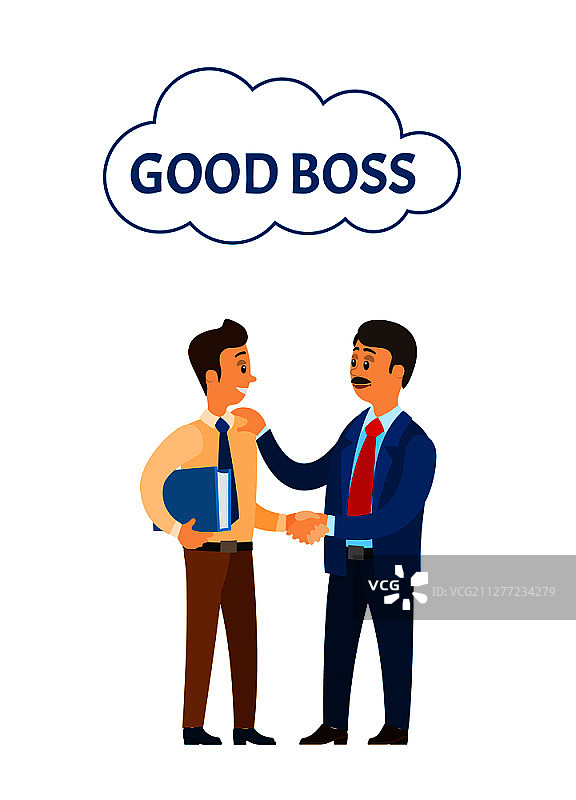 好老板赞扬员工，公司领导矢量图。首席执行官与同事交谈，握手并鼓励同事。好老板赞扬员工，公司领导图片素材