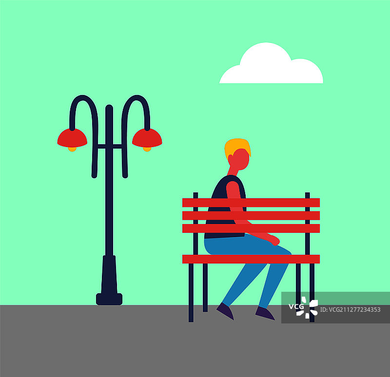 男孩独自坐在公园长椅上，路灯卡通矢量户外图片素材