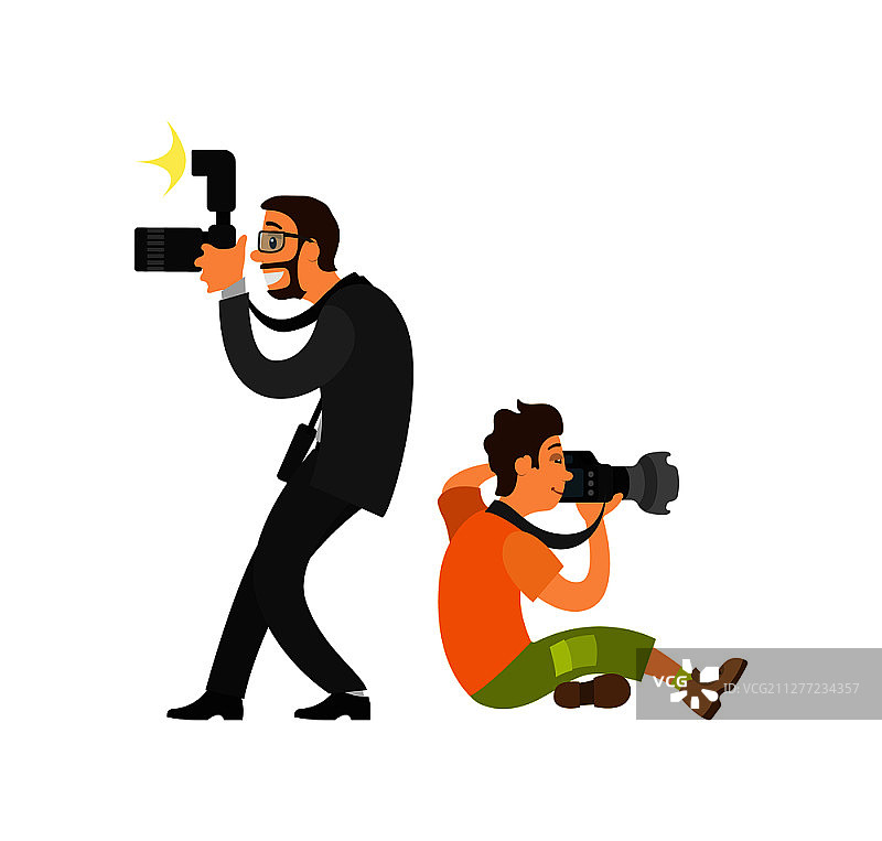 自由职业者从两侧拍照，戴眼镜的记者身穿西装矢量插图。摄影师和狗仔队，带有闪光灯装置的现代相机图片素材