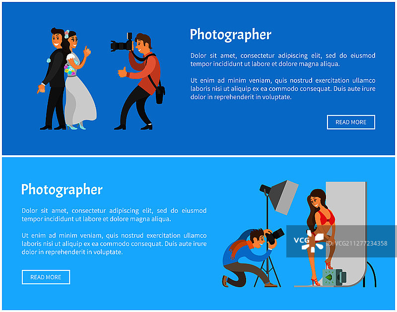 婚礼摄影工作室和摄影师，配备闪光灯的相机，新郎旁边的灯光，泳装模特背景，互联网banner矢量插画。婚礼摄影工作室和配备相机的摄影师图片素材