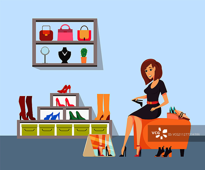 在商店试穿鞋子的女性购物狂矢量图。女人坐在椅子上，穿着高跟靴，照着镜子。手提包和珠宝在架子上。女性购物狂在商店试穿鞋子矢量图图片素材