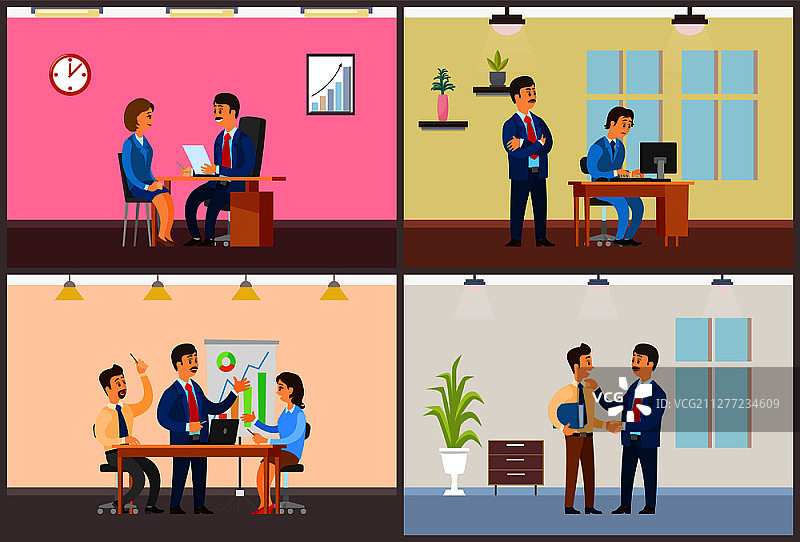 老板首席执行官面试女性，阅读简历矢量图，团队会议，团队合作致力于头脑风暴解决方案数据分析，老板首席执行官面试女性图片素材