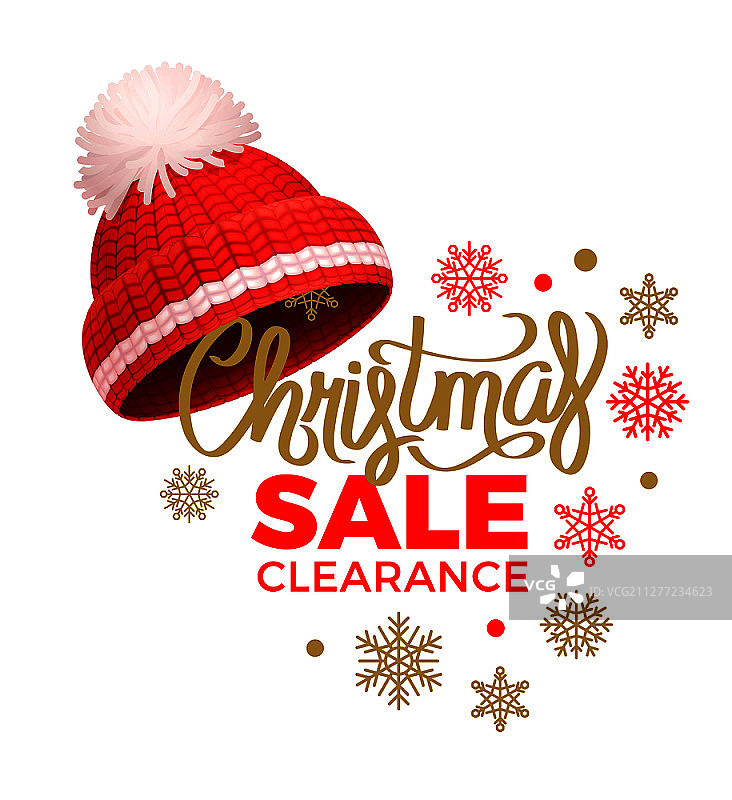 圣诞节促销清仓，带白色绒球的针织红帽子矢量图，冬季保暖厚羊毛纱线手工编织头饰图片素材