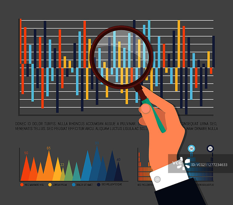 工人调查统计信息图矢量图。放大镜，信息图表分析数据，数字信息，流程图方案研究。图片素材