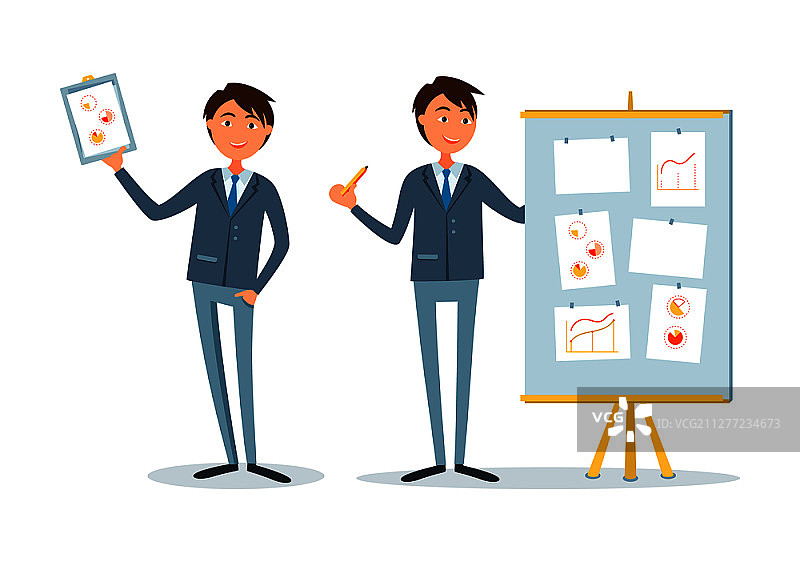 研讨会上的商人，演讲者展示计划方案矢量图。老板拿着带有图表和图形的剪贴板。首席执行官，带有图表的矢量图。图片素材