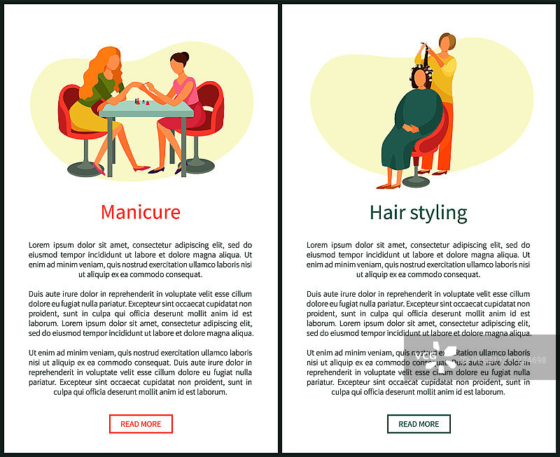 手部美甲护理和发型设计，在水疗沙龙中进行指甲抛光矢量网络海报。 美甲师和理发师，椅子上的顾客，美容师。 发型设计和美甲护理指甲抛光图片素材