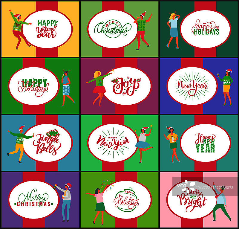 新年快乐，铃儿响叮当圣诞节问候矢量图。节日树装饰，人们在派对上跳舞喝酒庆祝冬季节日。新年快乐，铃儿响叮当圣诞节套装图片素材