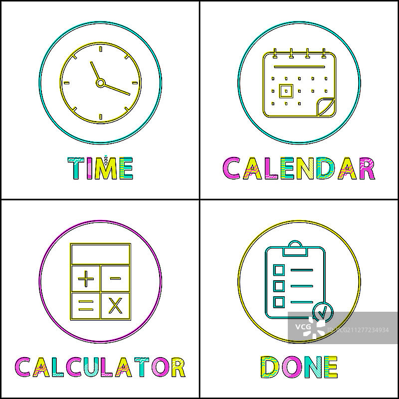 移动设备管理线性图标集：时间设置、日历符号、计算器及完成列表扁平矢量图图片素材