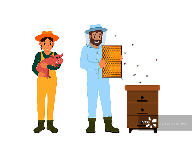 养蜂人与抱猪女子：农场人物矢量图标。农民抱着小猪，养蜂人在蜂箱旁照看蜜蜂和蜂巢。养蜂人与抱猪女子矢量插画图片素材