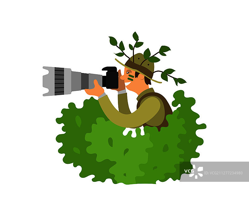 在灌木丛中偷拍的摄影师，自由职业者矢量素材图片素材