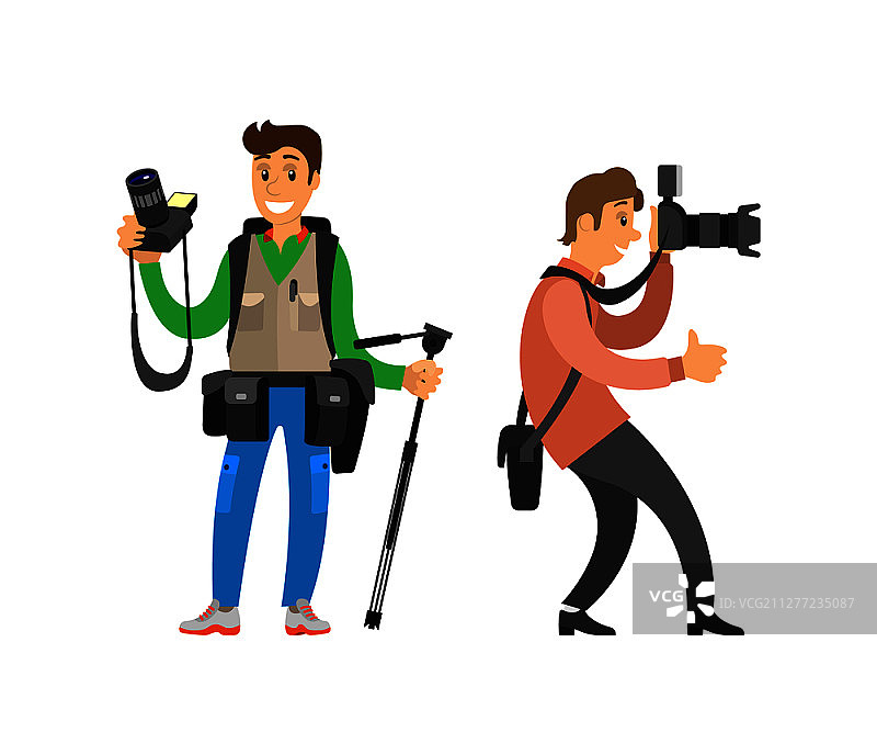 狗仔记者拍照，带数码相机的自由摄影师，三脚架设备矢量图图片素材