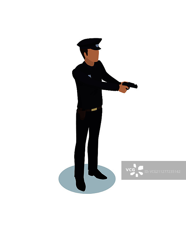 准备持枪的执勤警察模型，侧视图。持武器的秩序维护者逼真2.5D矢量隔离人物。警察秩序2.5D微型人物形象图片素材