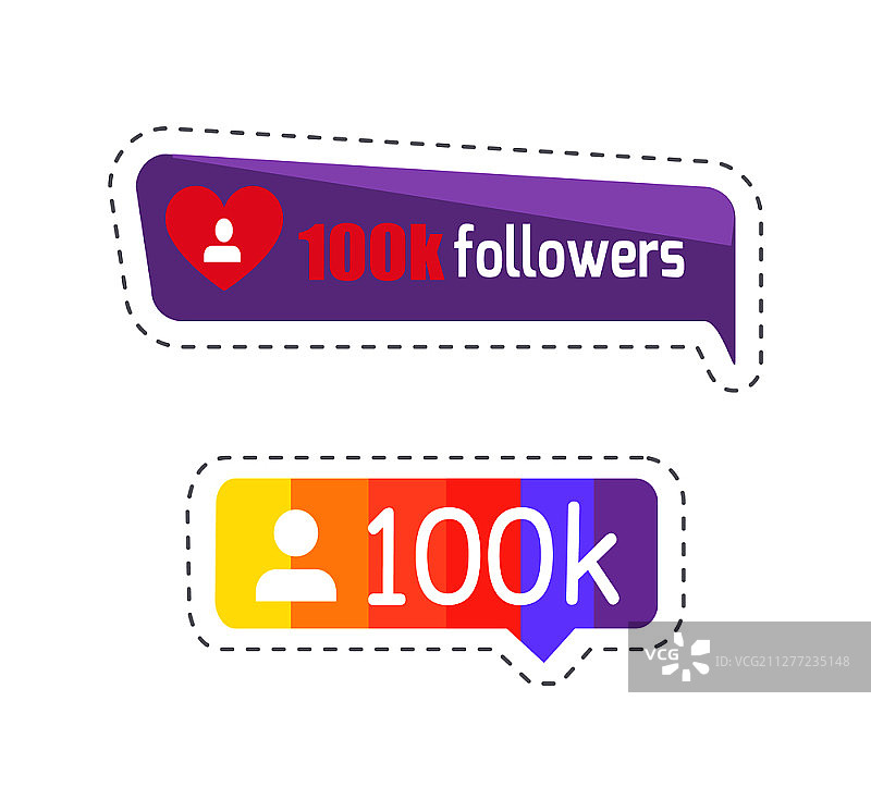 粉丝资料和统计数据，数字和信息贴纸矢量图集。心形点赞标志，带有文本的社交网络徽章，按钮彩虹丝带。粉丝资料和统计数字集矢量图片素材