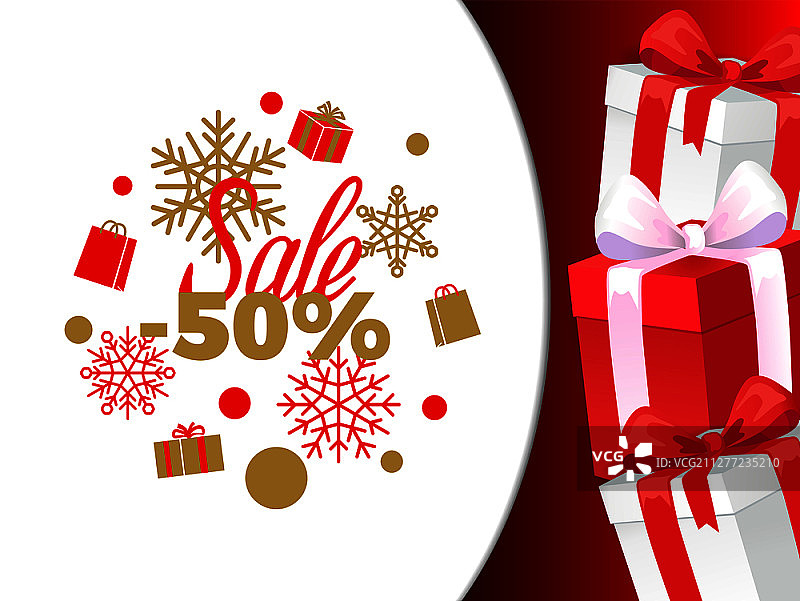 圣诞促销降价50% banner 矢量素材。冬季促销，市场清仓，雪花和礼品盒图片素材