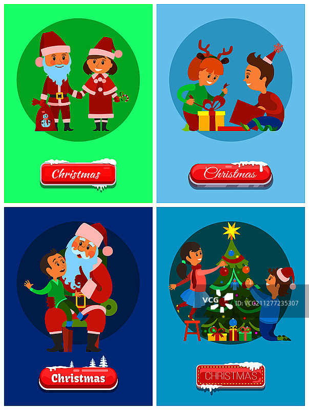 圣诞节：圣诞老人和雪姑娘冬季人物矢量素材。严寒老人与孩子膝上许愿，拆礼物，装饰树。图片素材