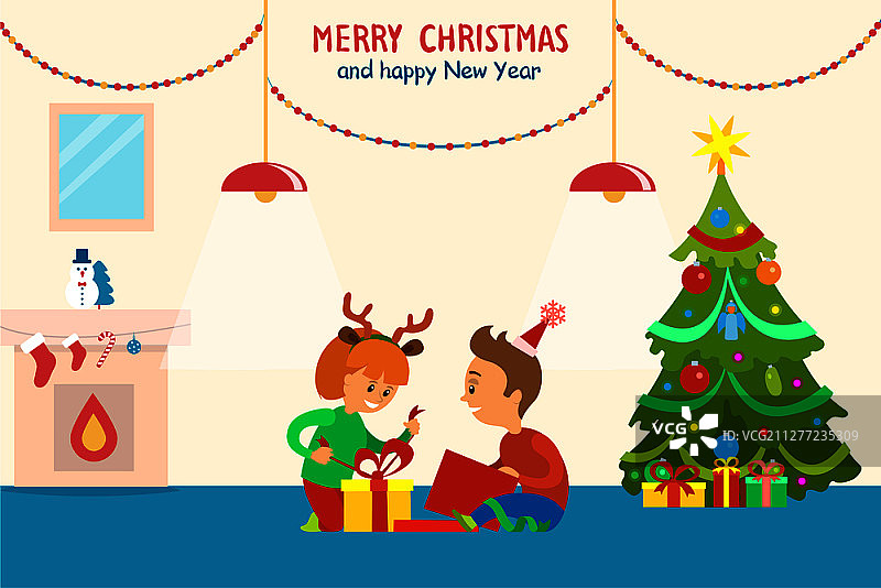 圣诞新年快乐，儿童在家矢量图。孩子们坐在装饰好的松树旁，树顶上有小球和星星。打开礼物。圣诞新年快乐儿童之家图片素材