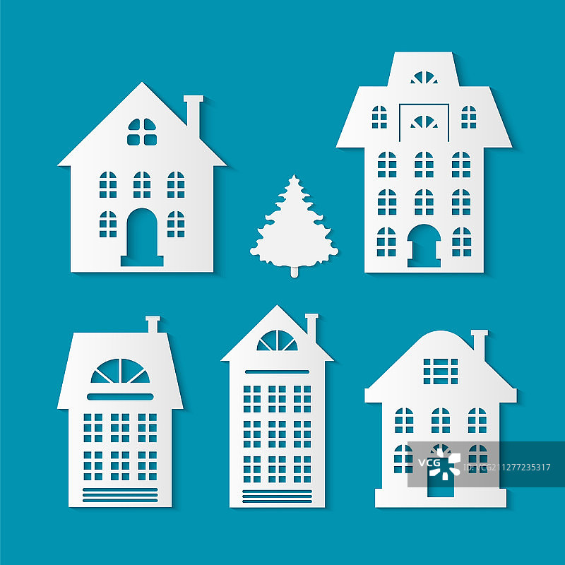 建筑物轮廓圣诞剪纸隔离图标矢量图图片素材