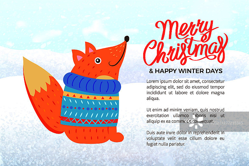 圣诞节banner，针织毛衣上的狐狸带有装饰。穿着衣服的森林动物，冬季节日庆祝活动，针织品矢量插图。针织毛衣狐狸圣诞节banner图片素材