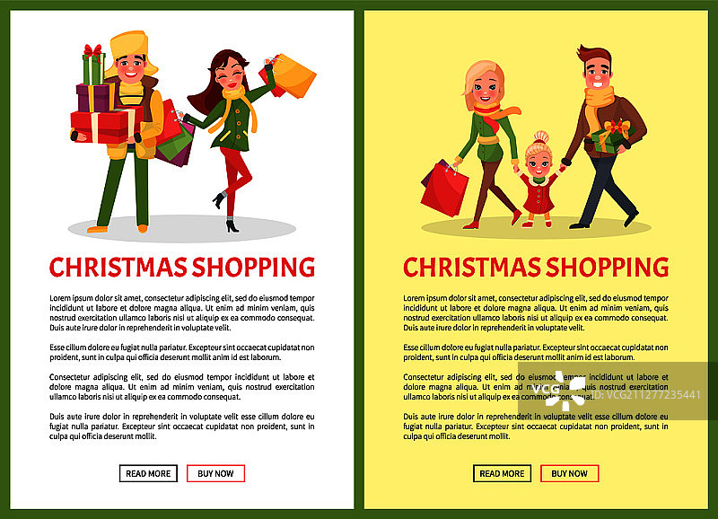 圣诞购物，幸福的家庭，父母购买礼物矢量图。孩子拉着父母的手，这对夫妇准备冬季节日礼物。圣诞购物，幸福的家庭，父母图片素材