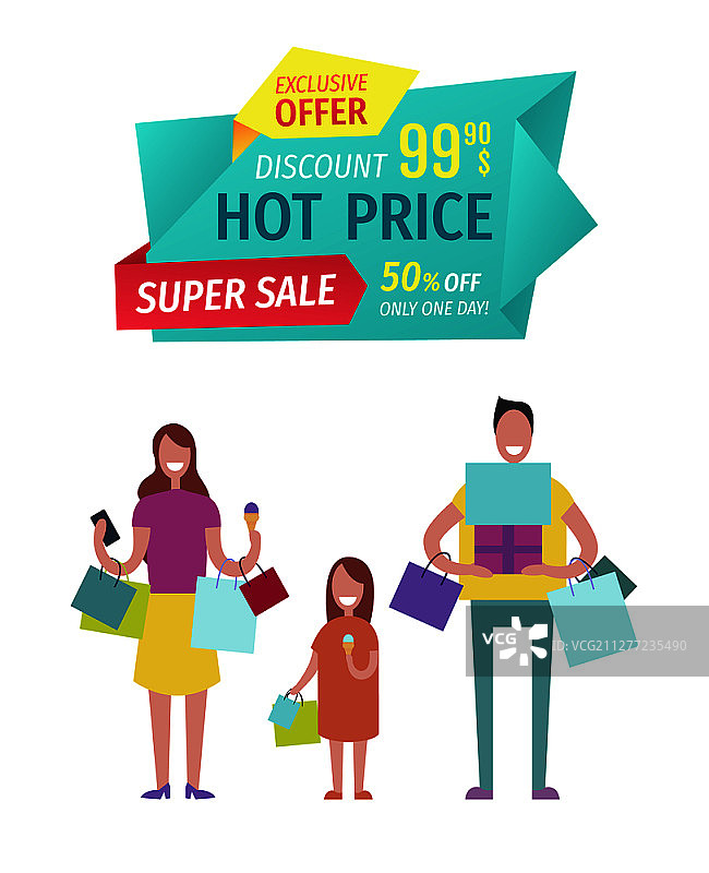 超值热卖优惠，立即购买。全家购物归来，手提购物袋和礼物。人们吃着冰淇淋，快乐的购物者，成人儿童矢量图。超值热卖优惠矢量图图片素材