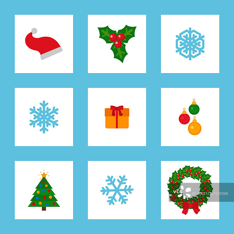 装饰盒矢量图中的圣诞花环和礼物：冬季节日符号、雪花和圣诞老人帽子、小饰品和松树的孤立图标。装饰盒中的圣诞花环和礼物图片素材