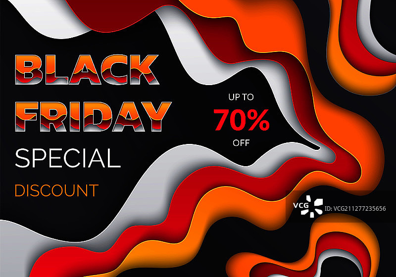 黑色星期五矢量折扣券模板，红色、橙色和白色模糊线条，清仓优惠券，高达70%的大促销，立即购买，高达70%的大促销矢量折扣图片素材