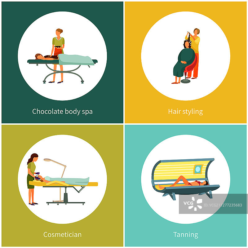 日光浴和美容师面部护理矢量图：巧克力身体SPA放松和发型设计，美容沙龙服务图片素材
