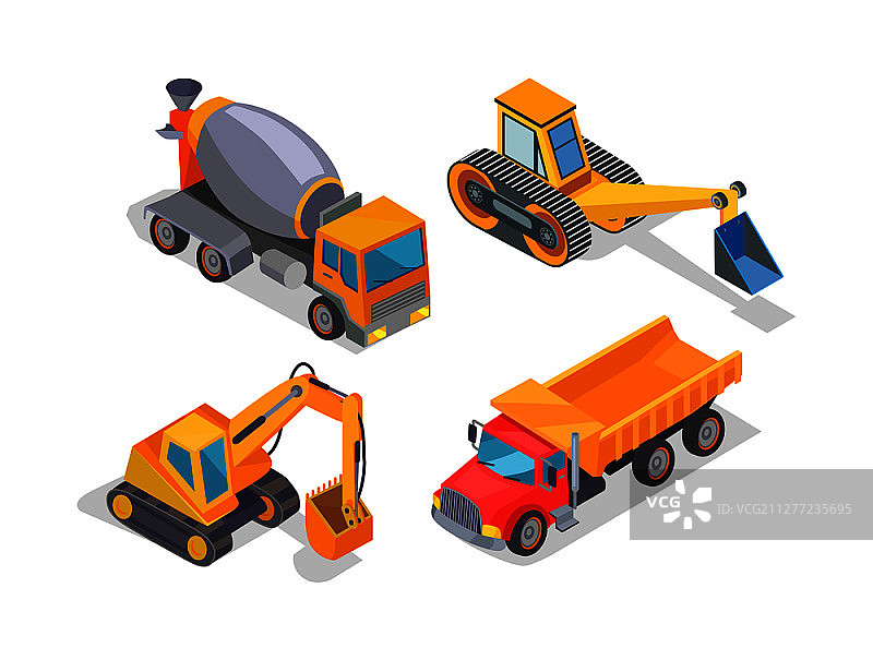 挖掘机和水泥搅拌机工业机械矢量图标图片素材