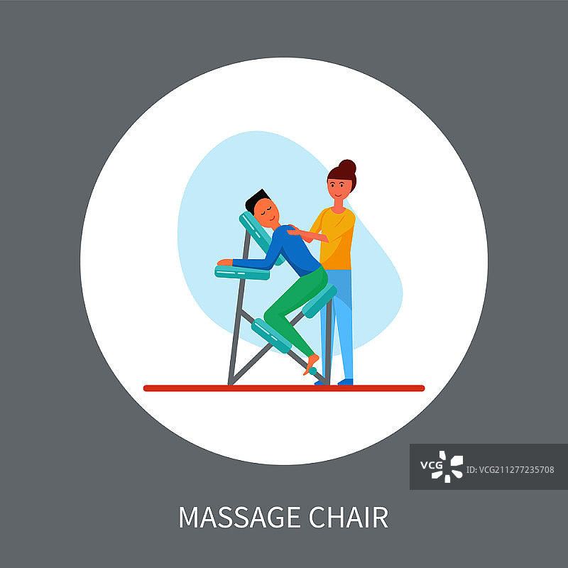 卡通风格的按摩椅圆形隔离矢量图。穿着制服的按摩师为坐在特殊扶手椅上放松的顾客按摩，治疗师和顾客。卡通风格的按摩椅圆形隔离矢量图图片素材