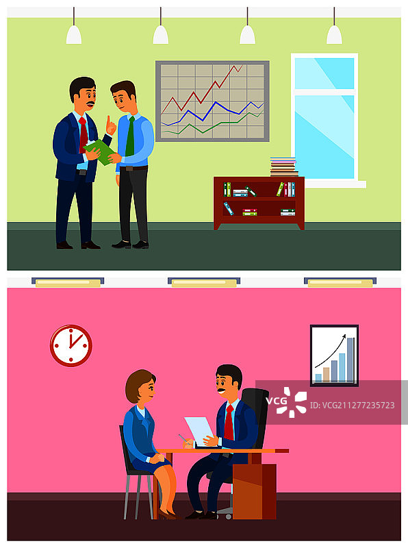 办公室工作任务和老板面试场景插画：经理下达指令，招聘新员工，墙上的统计图图片素材