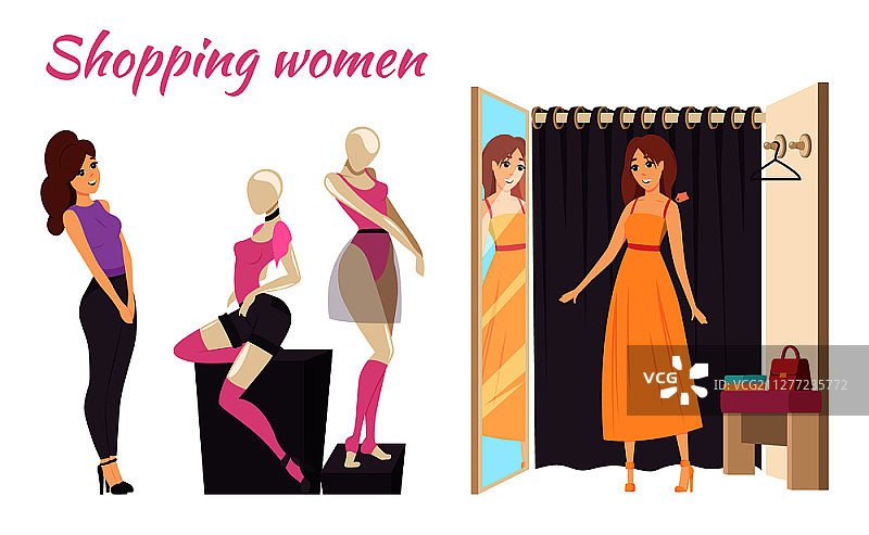 购物：橱窗模特、内衣和连衣裙海报矢量素材图片素材