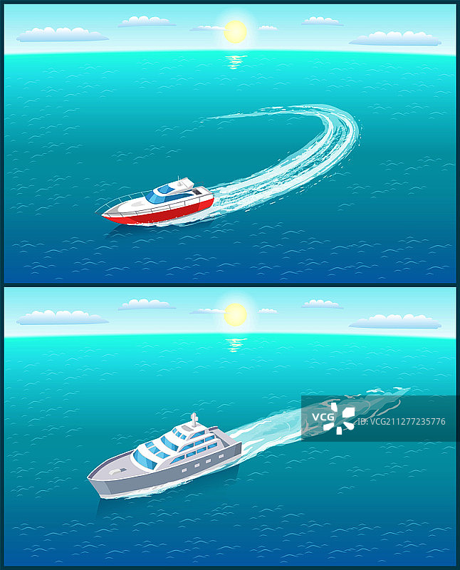 天际线上的客轮、帆船，快艇矢量图标。在海洋中航行的轮船留下水痕。图片素材