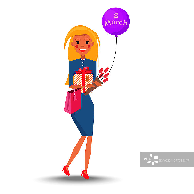拿着礼物的金发女人和郁金香花束三八节插画图片素材
