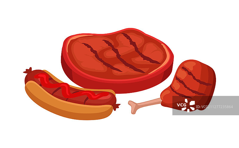 烤牛排和烤鸡翅，配香肠和番茄酱的热狗快餐，烧烤图标矢量图图片素材