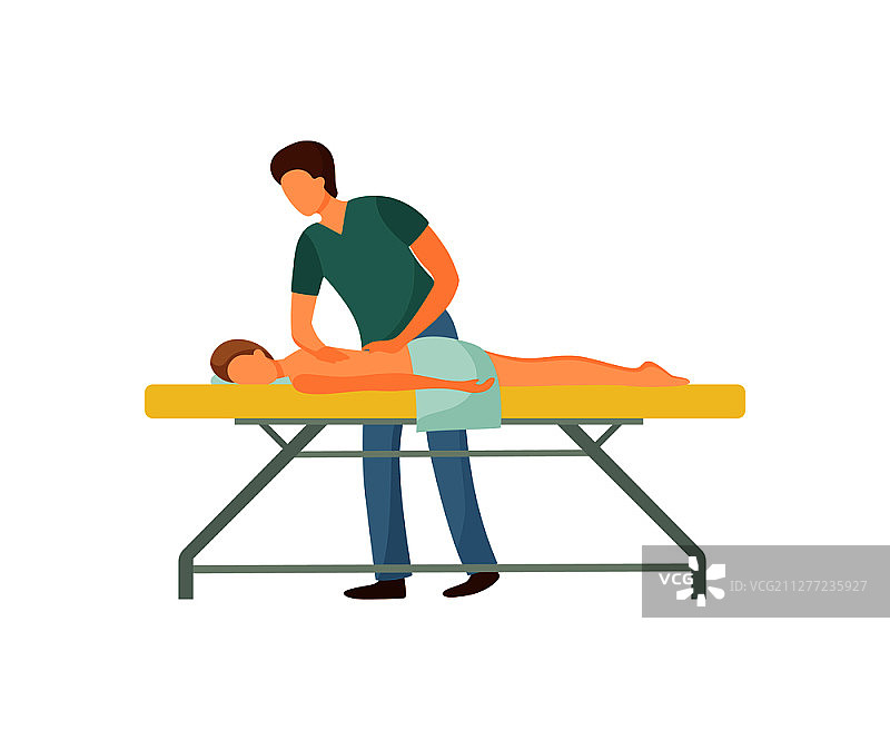 美容院背部按摩卡通矢量图，按摩师为顾客进行背部按摩，理疗概念图片素材