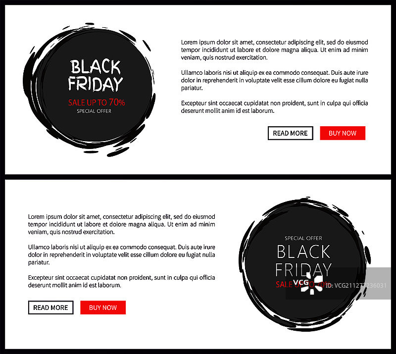 黑色星期五促销广告：草图风格标签，包含总折扣信息、价格降低徽章（网页），带“阅读更多”和“立即购买”按钮图片素材
