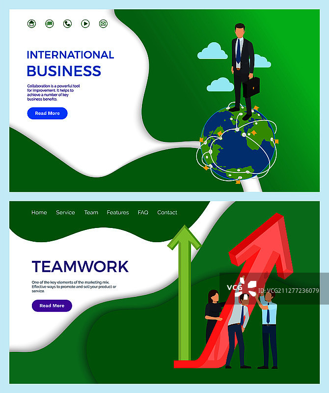 国际商务伙伴关系和发达的网络矢量图：商人拿着公文包在地球上行走，团队合作与上升箭头带来成果图片素材