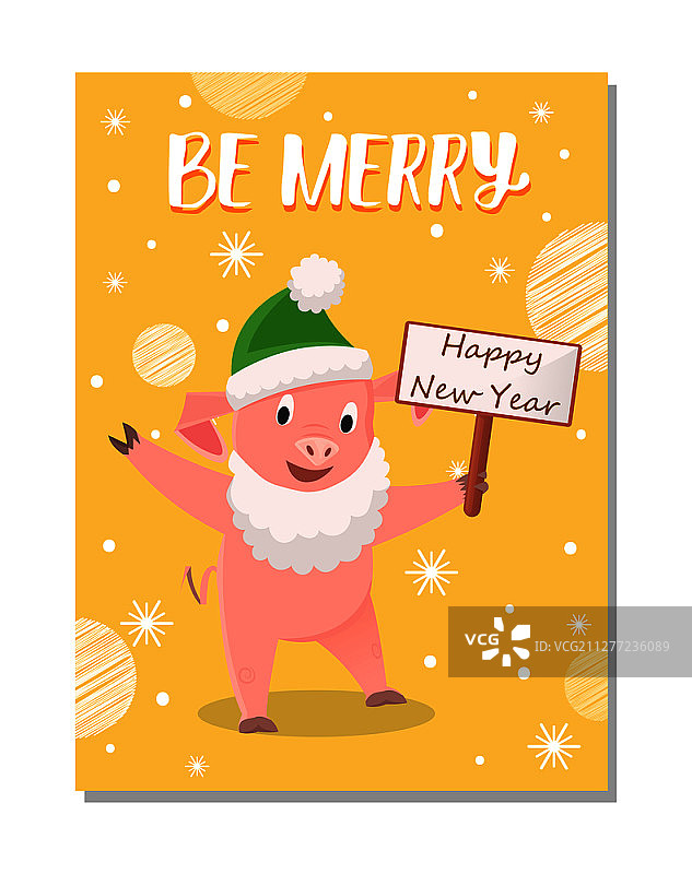 戴绿色帽子和圣诞老人胡须的卡通猪新年快乐祝福语矢量图图片素材