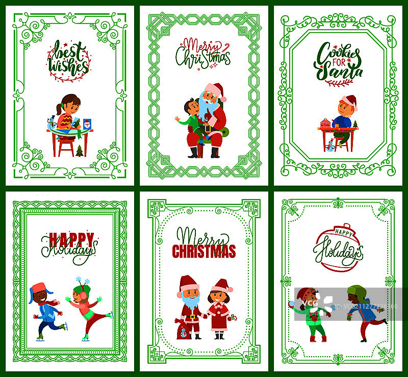 新年快乐圣诞快乐祝福明信片矢量图，圣诞老人与孩子膝上，儿童滑冰，女孩制作手工礼物，新年快乐圣诞快乐套装图片素材