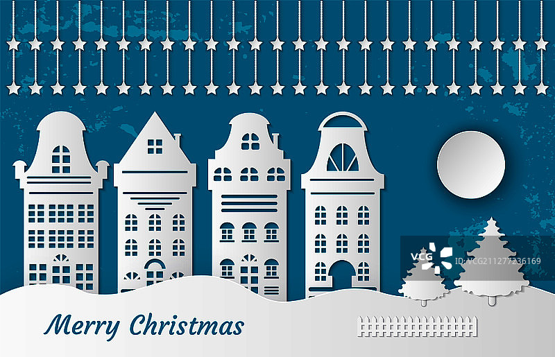 雪制成的童话剪纸城市矢量明信片，包含折纸房屋、云杉树和月亮新年剪纸工艺背景，悬挂着星星图片素材