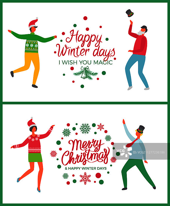 快乐的冬日圣诞庆祝活动，人们跳舞矢量图。愿望魔法，松枝和铃铛。情侣玩得开心，戴着帽子和槲寄生的舞者。快乐的冬日圣诞庆祝活动图片素材