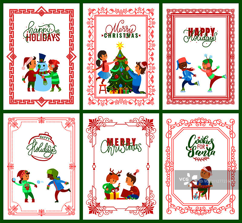 节日快乐，圣诞快乐贺卡套装。孩子们在溜冰场玩耍，拆开礼物和堆雪人。树木装饰。节日快乐，圣诞快乐贺卡图片素材