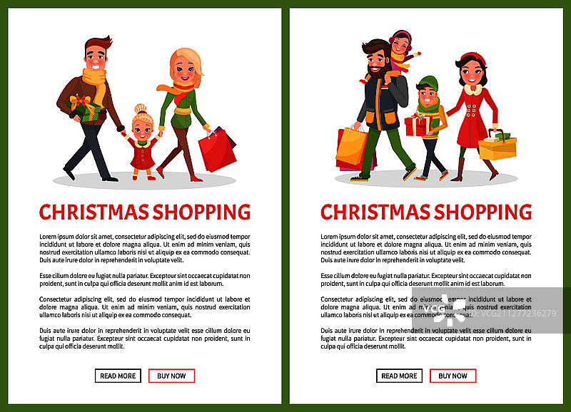 圣诞节假日购物家庭网页：父母和孩子在圣诞冬季庆祝活动中带着纸质包装、礼物，圣诞节假日购物家庭网页图片素材